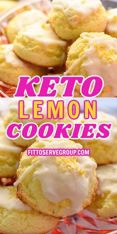 keto lemon cookies with white frosting on top and pink text overlay reading keto lemon cookies