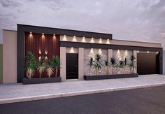 a modern house with palm trees and lights on the front door is shown in this rendering