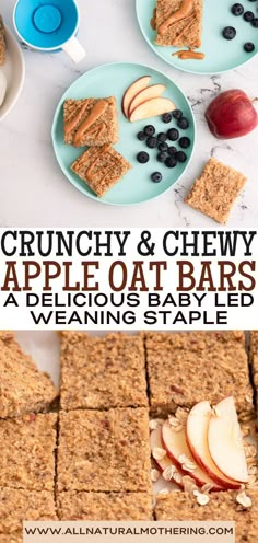 an apple oat bar with blueberries and apples on the side is shown in this collage