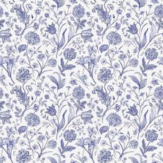 a blue and white floral wallpaper with many different types of flowers on the side