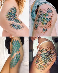 four pictures of different colored mermaid scales on the side of a woman's body