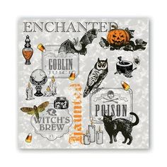 an image of halloween stickers with cats and pumpkins on the front, and witches in