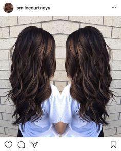 Trendy Womens Haircuts 2023 Long, Very Dark Brown Hair With Lowlights, Long Brown Fall Hair, Women’s Dark Hair Color, Dark Brown Hair 2023 Trends, Dark Hair With Medium Highlights, Dark Brunette Hair With Lowlights Fall, Hair Color Ideas For Long Brown Hair, Dark Fall Hair With Highlights