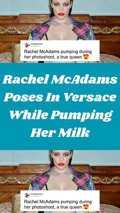 rachel mcdans poses in versa while pumping her milk on the bed with text overlay