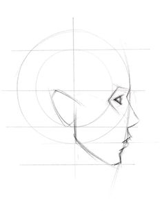 a drawing of a person's head with lines on the side and one half of it