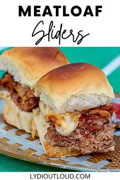 two meatloaf sliders on a plate with text overlay