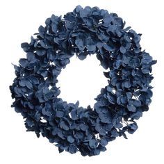 a wreath with blue flowers is shown against a white background