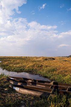 two canoes sitting in the grass next to a body of water