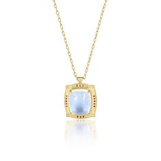 A stunning 10.95 ct rectangle Moonstone hand set in 18k yellow gold surrounded by luminous white diamonds and hand engraving. 18k Yellow Gold Moonstone Pink Sapphire Diamond 16" 18k Yellow Gold Chain Satin Finish 10.95 ct moonstone 13.42mm x 11.74mm Style gc391-19-6230 Yellow Gold Chain, Moonstone Pendant, Sapphire Diamond, White Diamonds, Hand Engraving, Pink Sapphire, Satin Finish, Diamond White, Gold Chain