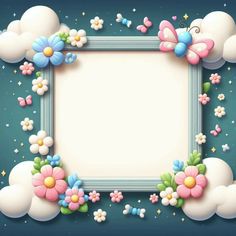 a square frame with flowers and butterflies on the blue background, surrounded by white clouds