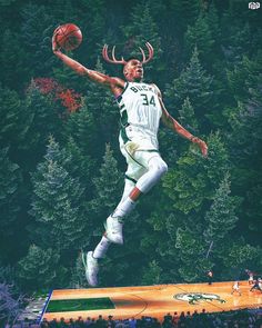 a painting of a basketball player jumping in the air