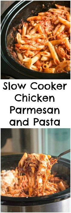 slow cooker chicken parmesan and pasta is an easy dinner recipe that's ready in less than 30 minutes