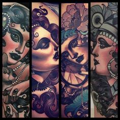 some tattoos on the arm and leg of a woman with flowers in her hair,