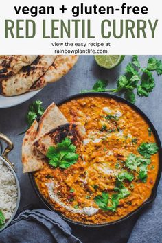 vegan and gluten - free red lentil curry with pita bread on the side