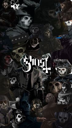 a collage of skulls and people with the word ghost written on them in white