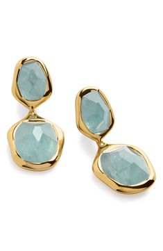 Organic-inspored settings glow with aquamarine in these drop earrings handcrafted from sterling silver and plated in 18-karat gold. Exclusive US retailer 1 3/8" drop; 5/8" width Post back Sterling silver/recycled 18k-gold plate/aquamarine Imported This brand is certified with the Butterfly Mark, which identifies luxury brands that adhere to social and environmental best practices This brand meets Nordstrom Responsible Brands criteria: brand adheres to responsible social and environmental practic Gold Aquamarine Gemstone Earrings, Gold Aquamarine Drop Earrings, Aquamarine Earrings, Monica Vinader, Luxury Brands, Gold Vermeil, Aquamarine, Luxury Branding, 18k Gold