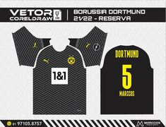 the new soccer uniform for the team is shown in black and white, with yellow accents