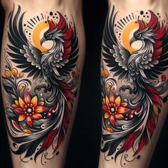 the legs are decorated with colorful tattoos and flowers on them, as well as a bird