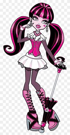 a cartoon girl with pink hair and boots holding a cane in her hand, while standing on