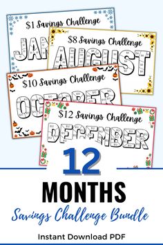 the 12 month savings challenge is here to help you save money and get organized with these free printables