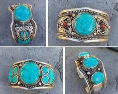 This beautiful handcrafted turquoise cuff bracelet features 3 natural turquoise stones is made in Nepal.  A must-have boho-themed, western style-inspired turquoise cuff bracelet for a turquoise lover. Middle width: 4.3 cm Side width: 3 cm Size: 18cm - As It's open-ended, it would fit most wrists Material: white metal, turquoise stone To fit the bracelet open it up so the gap is wide enough to pass over the narrowest part of your wrist and then squeeze it back into shape until it is a nice comfor Vintage Turquoise Jewelry, Metal Fabrication Tools, Boho Cuff, Fabrication Tools, Natural Turquoise Stone, Brass Cuff, Turquoise Bracelet Cuff, Cuff Bangle Bracelet, Turquoise Cuff