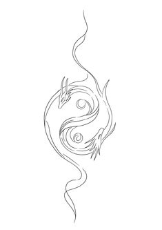 a black and white drawing of a dragon with swirls on it's tail