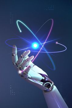 a robotic hand holding something in the air with blue and pink lights around it,