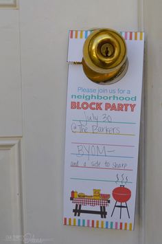 a door hanger with a sign that says, please join us for a neighborhood block party