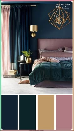 a bedroom with blue and pink walls, green bedding, gold chandelier