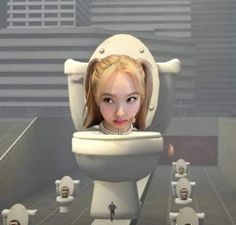 a woman sitting on top of a white toilet in a room filled with small toilets