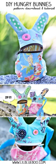 three different images of the same bunny bunnies, one in blue and one in pink