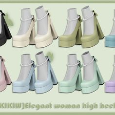 many different colored high heels with pearls on them