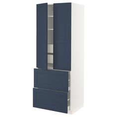 a tall blue and white cabinet with two doors on the front, one door open