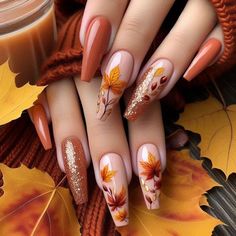 Fall Nails Ideas Autumn Square Long, Nail With Leaf Design, Thanking Nails, Leaf Nails Design, Autumn Leaf Nails, Fall Leaf Nail Designs, Leaf Nail Art Designs, Cheetah Nail Designs, Brown Nail