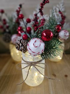 Christmas Mason Jar With Snow Theme and Fairy Lights, Holiday Table Centerpiece, Party Event Decor, Winter Wonderland Wedding, Seasonal Gift - Etsy Christmas Jars Decorations, December Baby Shower Ideas, Christmas Party Centerpieces, Party Event Decor, Centerpiece Party, Holiday Table Centerpieces, Christmas Decorations Diy Crafts, Pretty Christmas Decorations, Lighted Centerpieces