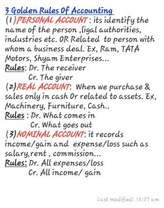 the rules for an accounting process are in red, blue and green text on white paper