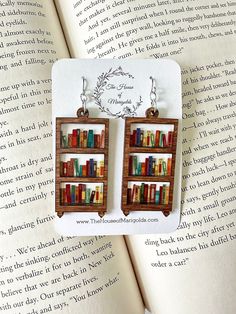 the bookcase earrings are made out of wood and have colorful books on them