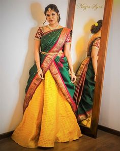 Pavadai Thavani, Cancan Saree, Banarasi Lehengas, Lehengas Designs, Designed Dresses, Engagement Lehenga, Kalamkari Blouse, Marathi Wedding