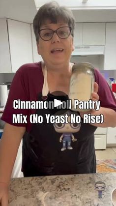 an old woman holding a can of cinnamon roll pantry mix no yeast no rise?