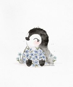 a watercolor painting of a stuffed animal holding a bouquet of blue and white flowers