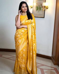 banarasi  Saree Details :- Saree Color : Yellow  Saree length : 5.50 meter Saree Work : Jacquard Weave Work Saree Fabric : Soft Lichi Silk Type: Banarasi Blouse Details :- Blouse Color : Matching Blouse Work : Jacquard Weave Work Blouse Fabric : Lichi Silk Blouse length : 0.8 meter Blouse wear by model is just for modeling purpose only actual blouse may vary. For More Collection Visit : https://etsy.me/41oJEEs Washing Care : Dry Clean only Made for : Women Occasion : Farewell, Traditional, Weddi Yellow Saree For Haldi, Mustard Blouse, Saree Bollywood, Kanjivaram Saree, South Indian Sarees, Yellow Saree, Party Kleidung, Sari Blouse, Art Silk Sarees