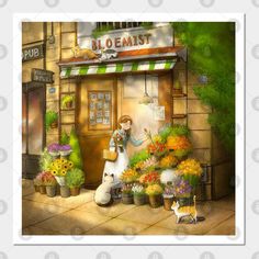 a painting of a woman selling flowers in front of a flower shop with her dog