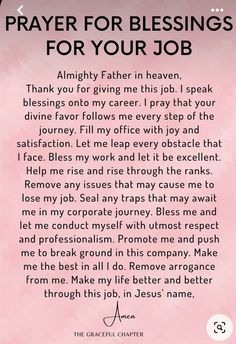 a prayer card with the words prayer for blessings for your job