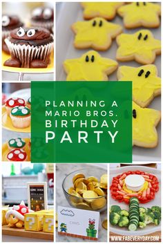 a collage of pictures with the words planning a mario bros birthday party