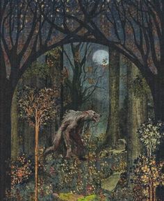 an illustration of a wolf in the woods