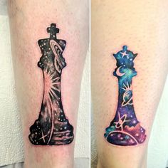 two tattoos on the legs of people who are both wearing different colored inks and designs