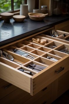 an open drawer with utensils and spoons in it on a counter top