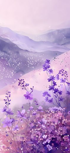 an artistic painting of purple flowers in the mountains with stars and sparkles on them