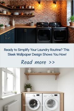 Sleek laundry space with light beige textured wallpaper and floating shelves