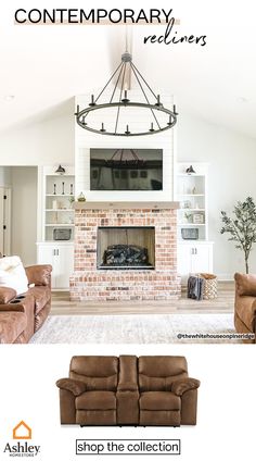 a living room with two couches and a television above the fireplace in front of it